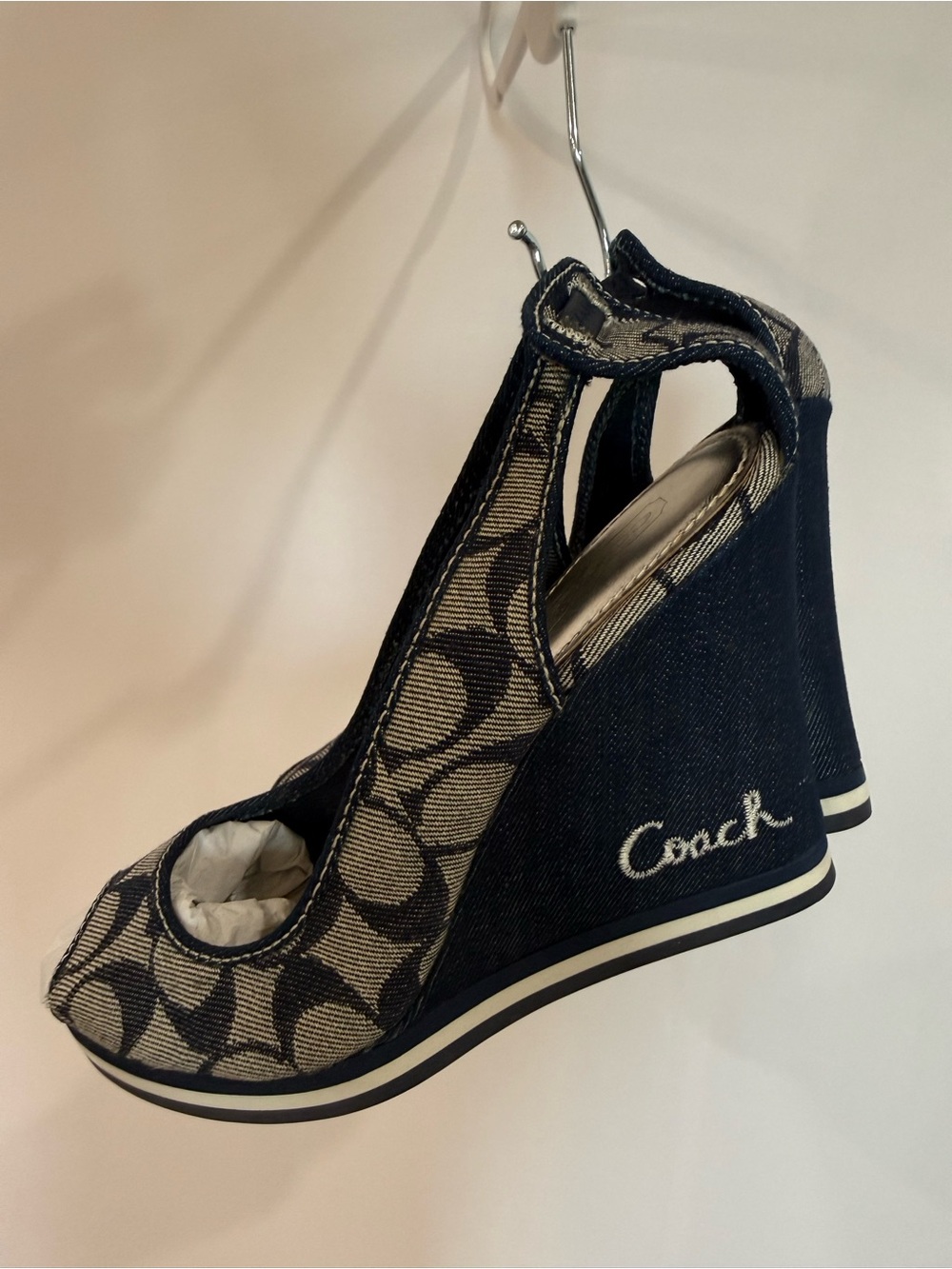 Coach Navy and Beige Signature Canvas Wedge Sandals vintage